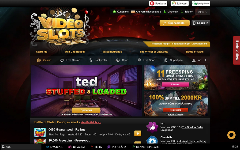 VideoSlots casino hemsida
